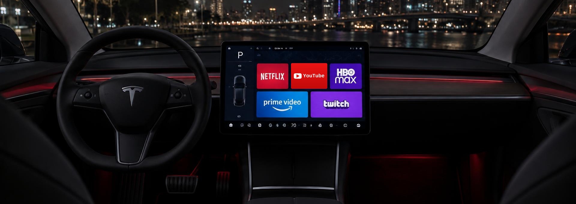 Interior de un auto eléctrico de noche con volante a la izquierda y pantalla central mostrando Netflix, YouTube, HBO Max, Prime Video y Twitch